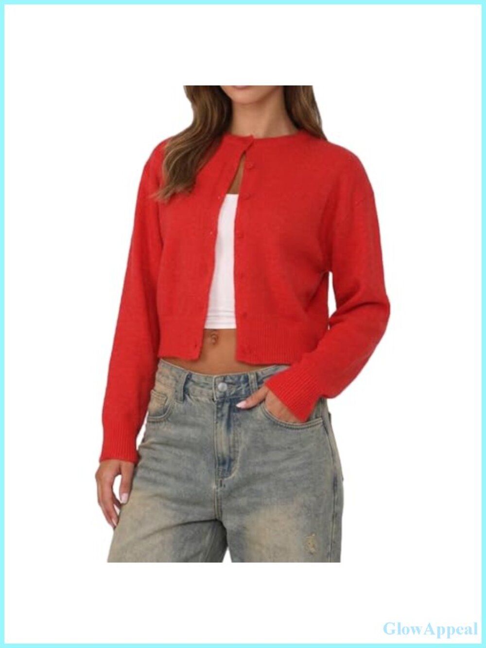 Women Button Down Cardigan Crop Crew Neck Long Sleeve Knit Sweater Y2K